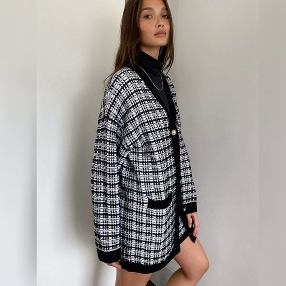 BABATON Lacer Tweed Cardigan Wool Sweater Pearl Buttons Black White XXS Aritzia - Picture 4 of 14